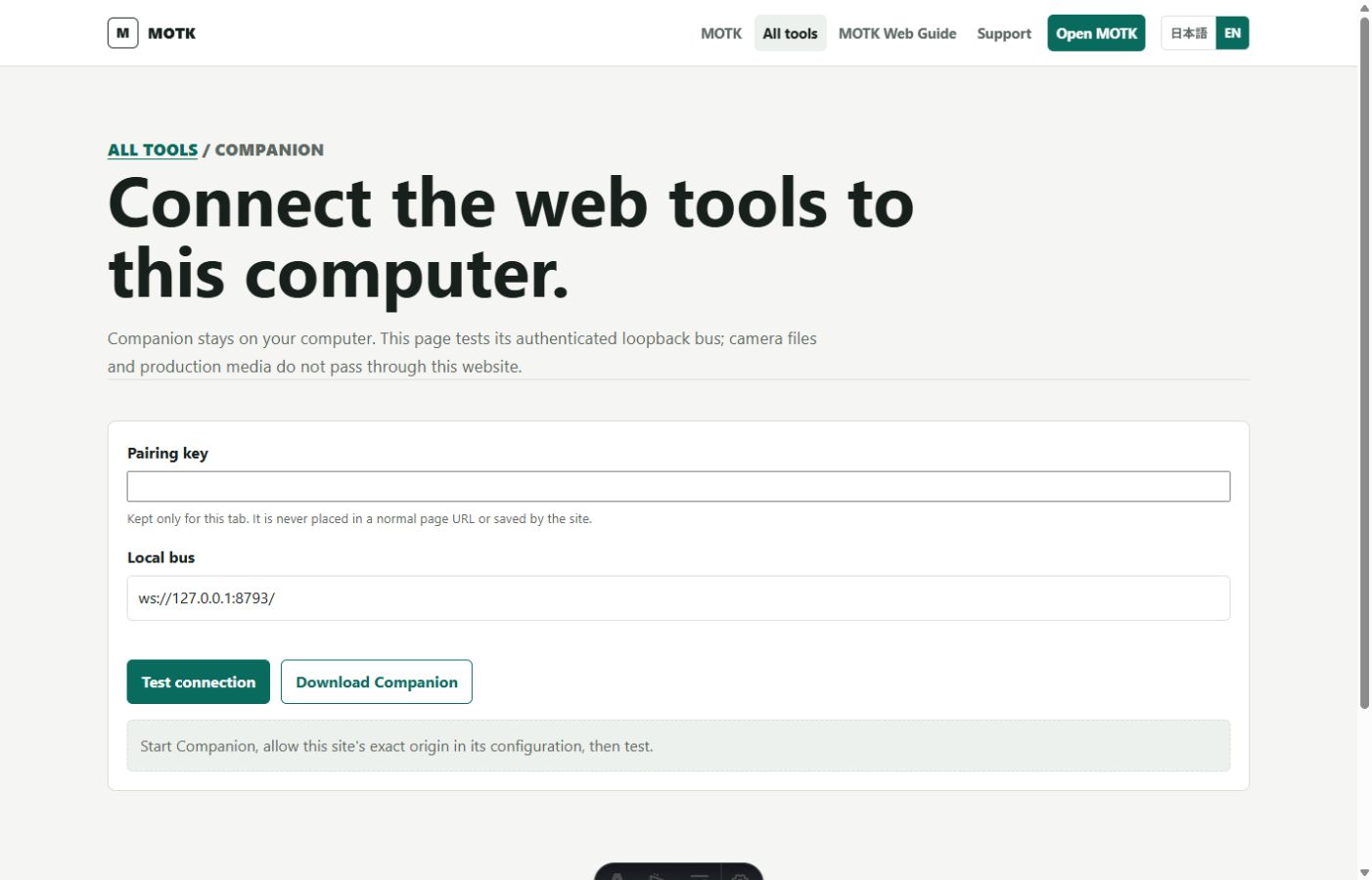 MOTK Companion browser connection panel