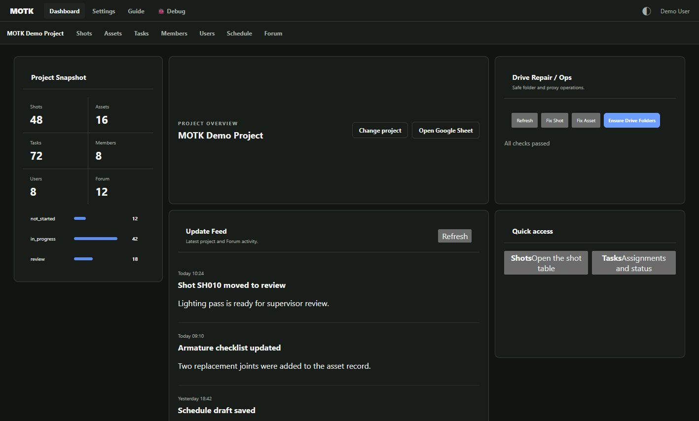 MOTK production dashboard using synthetic demo data